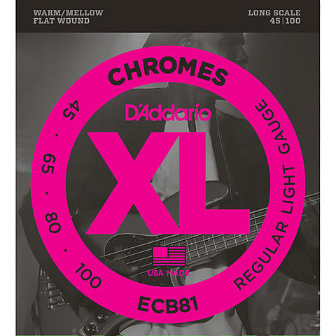 D'Addario ECB81 Chromes .045 - .100 Flatwound Stainless Steel Bass Guitar Strings - Free Shipping!