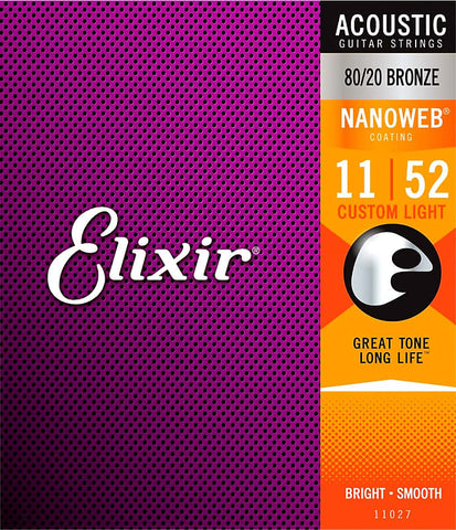 Elixir NANOWEB® 11027 80/20 Bronze Custom Light .011 - .052 Acoustic Guitar Strings - 3 Sets!
