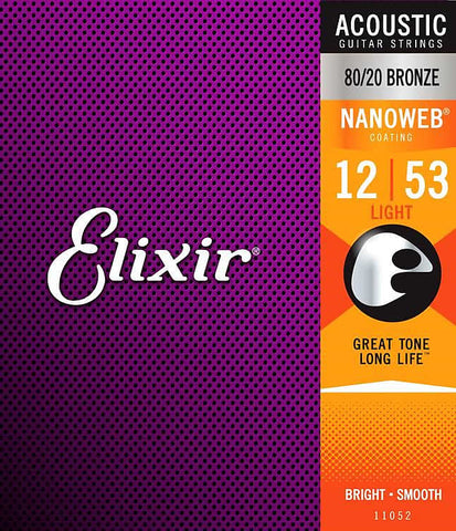 Elixir NANOWEB® 11052 80/20 Bronze Light .012 - .053 Acoustic Guitar Strings - 3 Sets!